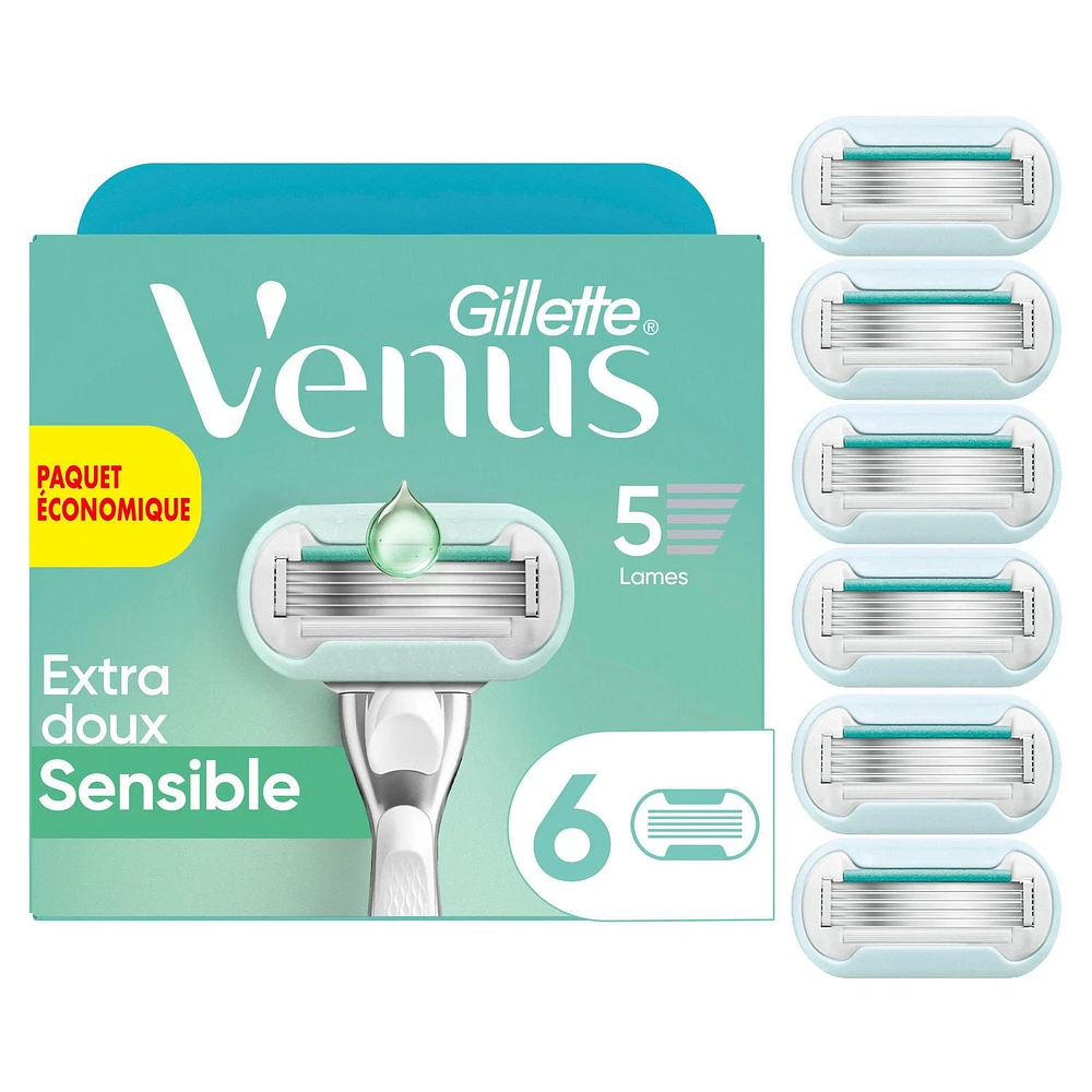 Cartouches de rechange de rasoir Gillette Venus Extra doux Sensible pour femmes pour peau sensible, cartouches de rechange à 5lames, 6unités 6CT