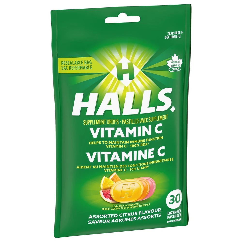 HALLS, Vitamine C, agrumes assortis, pastilles avec supplément 30 pastilles