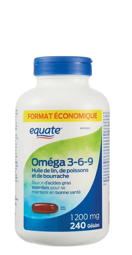 Equate Omega 3-6-9 1200mg Flaxseed, Fish, Borage Oil, 240 Softgels