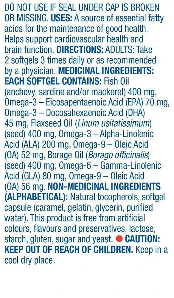 Equate Omega 3-6-9 1200mg Flaxseed, Fish, Borage Oil, 240 Softgels