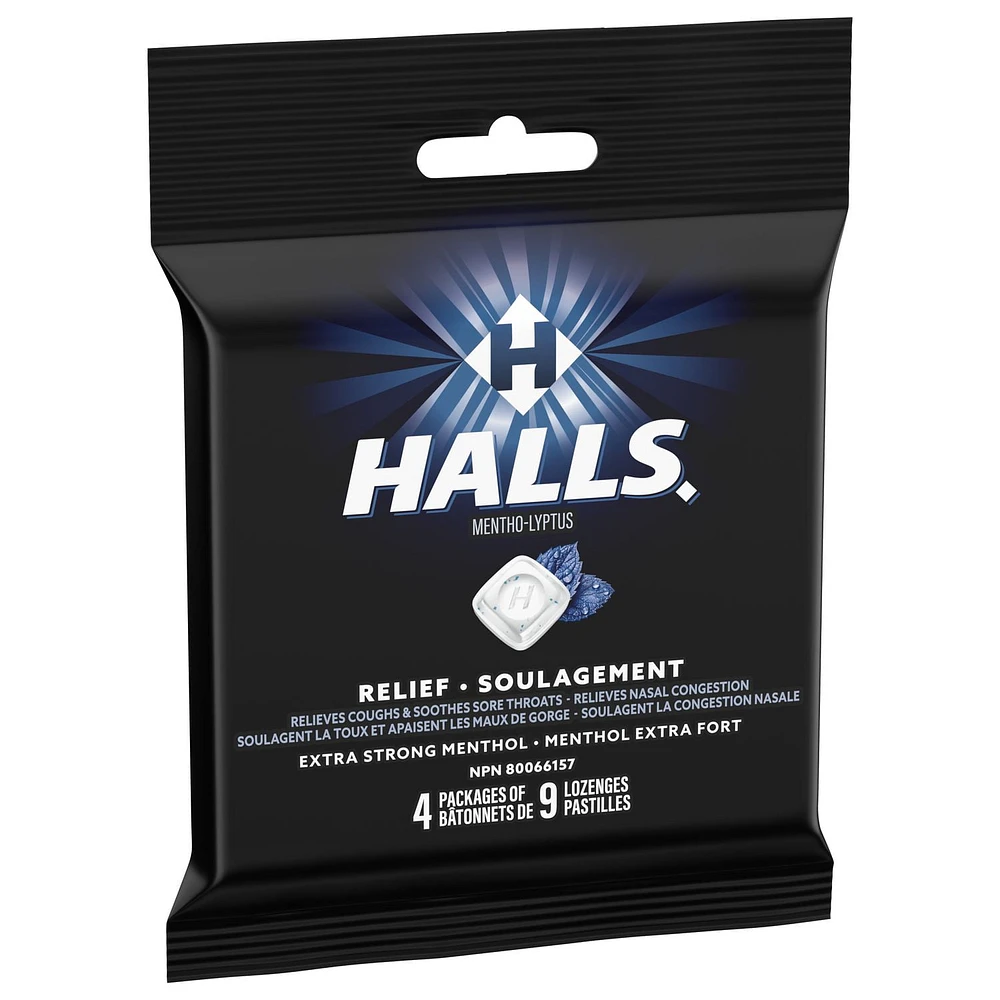 HALLS Extra Strong Menthol Cough Drops, Throat Lozenges, Sore Throat Relief, Mentho-Lyptus, 4 Packs of 9 Lozenges