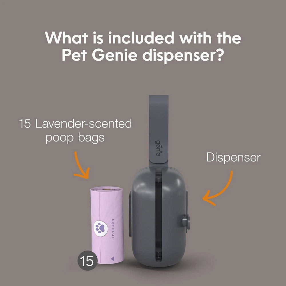 Pet Genie - On the Go Dog Poop bags Dispenser - Includes a roll of 15 lavender–scented bags