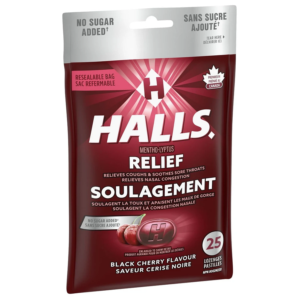 HALLS No Sugar Added, Black Cherry Flavour Cough Drops, Throat Lozenges, Sore Throat Relief, Mentho-Lyptus, 25 Lozenges