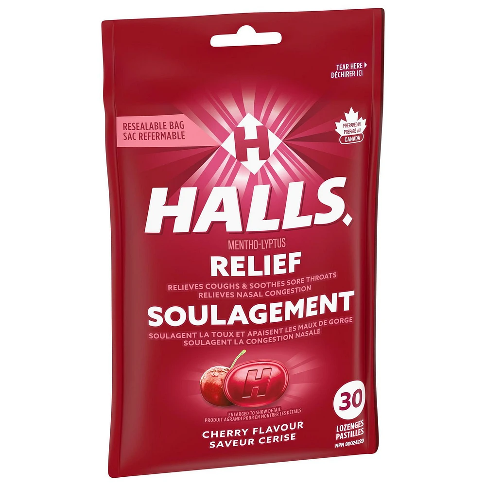 HALLS, pastilles à saveur de cerise, pastilles, apaisent le mal de gorge, mentho-lyptus 30 pastilles