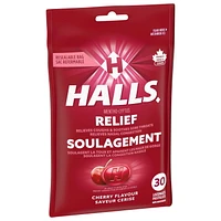 HALLS Cherry Flavour Cough Drops, Throat Lozenges, Sore Throat Relief, Mentho-Lyptus, 30 Lozenges