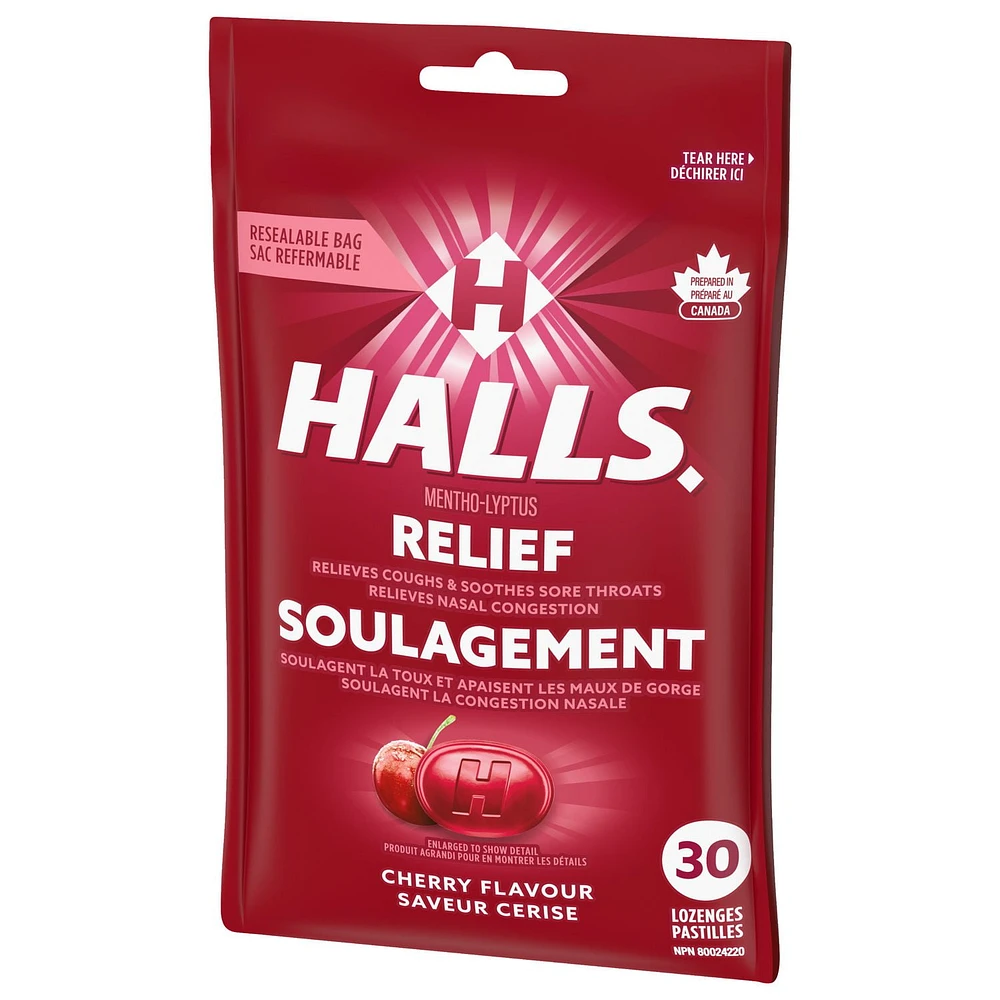 HALLS, pastilles à saveur de cerise, pastilles, apaisent le mal de gorge, mentho-lyptus 30 pastilles