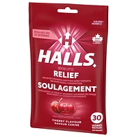 HALLS Cherry Flavour Cough Drops, Throat Lozenges, Sore Throat Relief, Mentho-Lyptus, 30 Lozenges