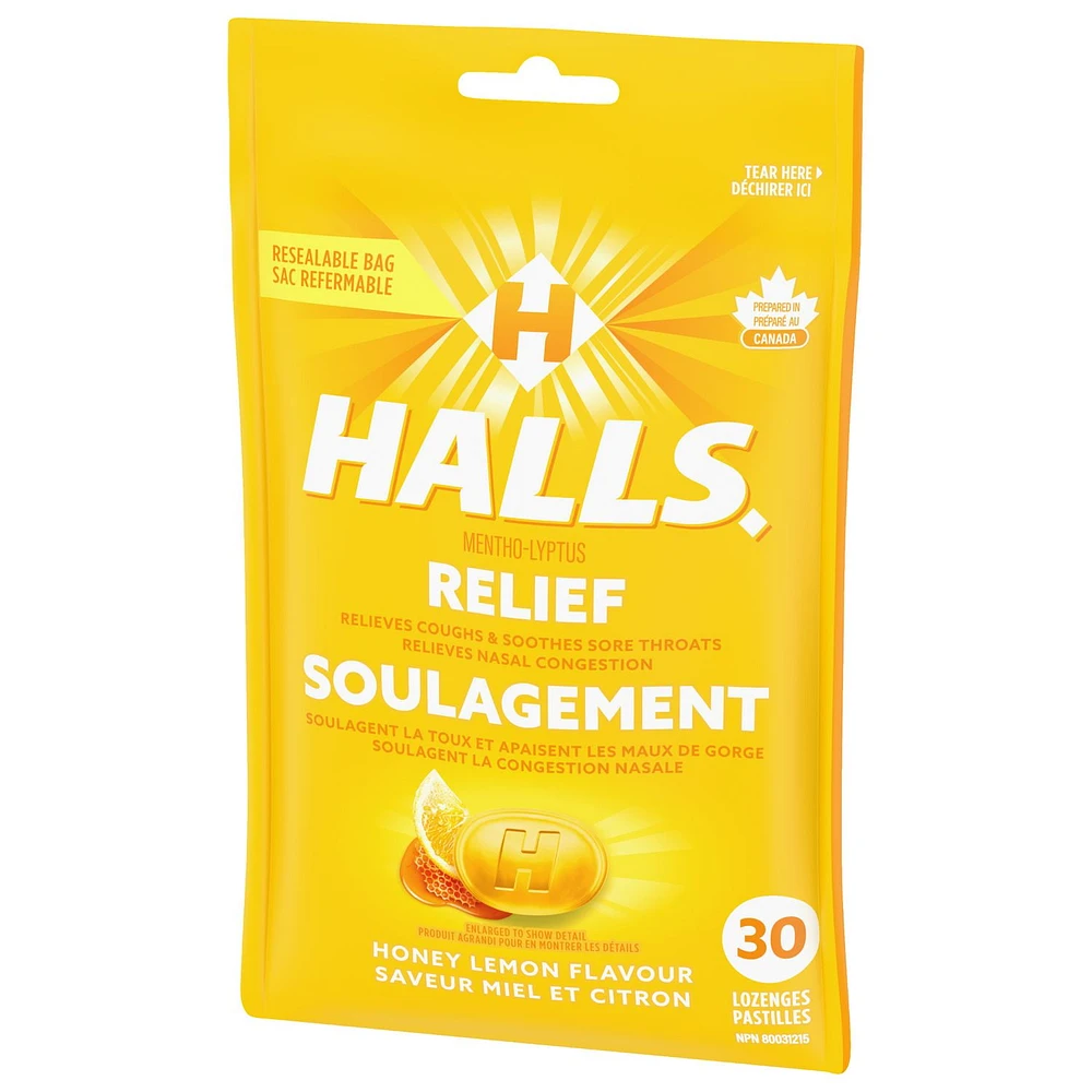 HALLS Honey Lemon Flavour Cough Drops, Throat Lozenges, Sore Throat Relief, Mentho-Lyptus, 30 Lozenges