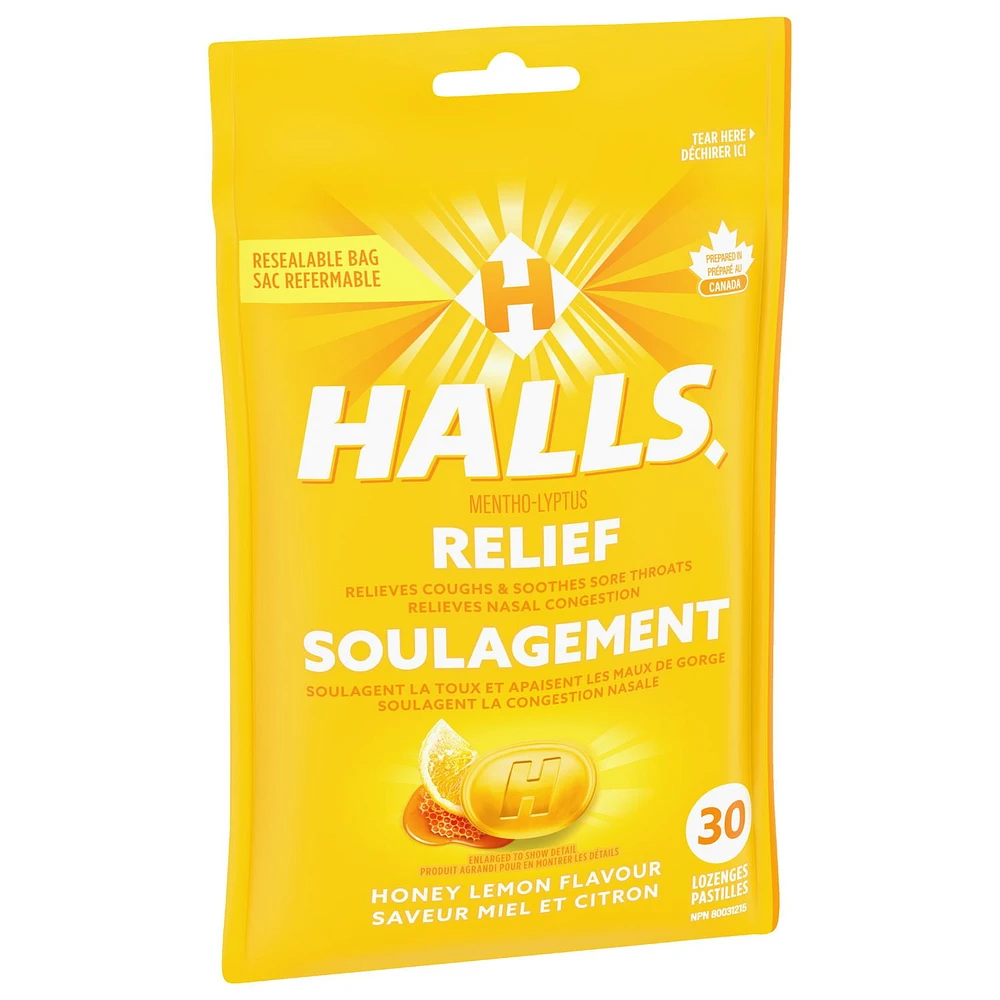 HALLS Honey Lemon Flavour Cough Drops, Throat Lozenges, Sore Throat Relief, Mentho-Lyptus, 30 Lozenges