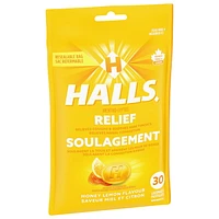 HALLS Honey Lemon Flavour Cough Drops, Throat Lozenges, Sore Throat Relief, Mentho-Lyptus, 30 Lozenges