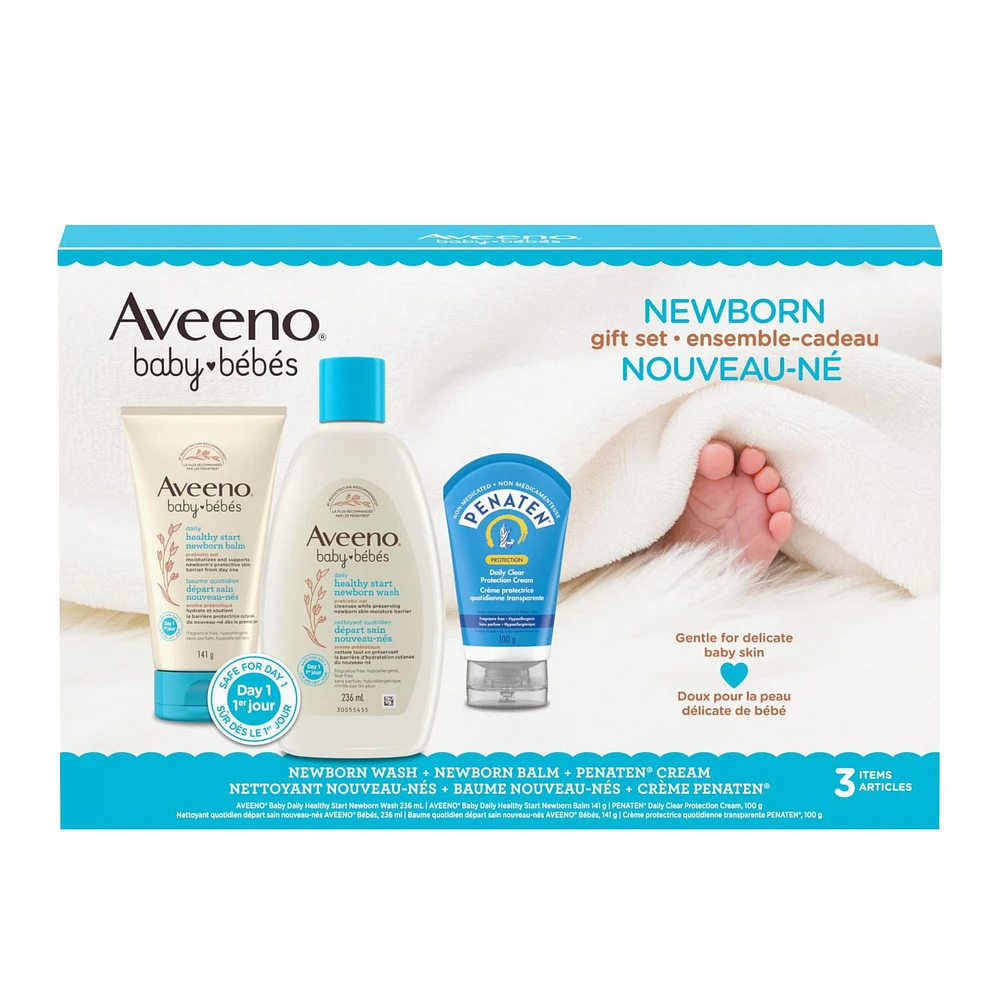 Aveeno Baby Healthy Start Newborn Gift Set, Newborn Wash, Newborn Balm, Penaten Cream, Fragrance Free