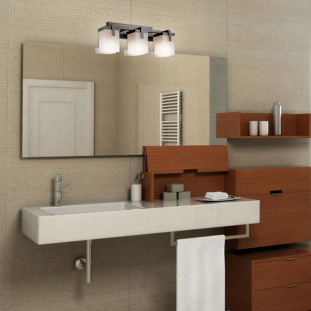 Globe Electric Helena 3-Light Metal Vanity Light, Dark Bronze, Square Off-White Frosted Glass Shades, 51246