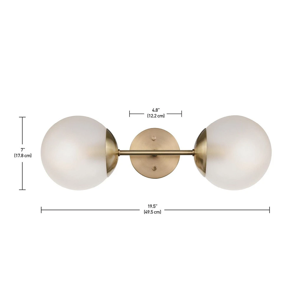 Globe Electric Celestia 2-Light Metal Wall Sconce, Matte Brass, Frosted Glass Shades, 51726