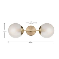 Globe Electric Celestia 2-Light Metal Wall Sconce, Matte Brass, Frosted Glass Shades, 51726