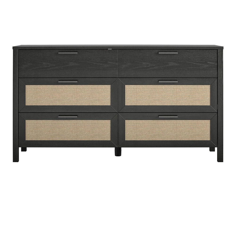 Wimberly 6 Drawer Dresser, Black Oak with Faux Rattan