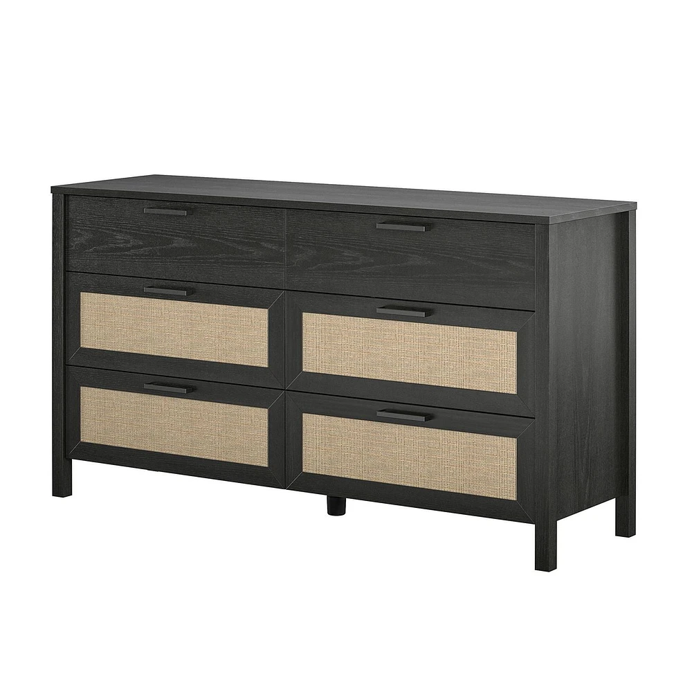 Wimberly 6 Drawer Dresser, Black Oak with Faux Rattan