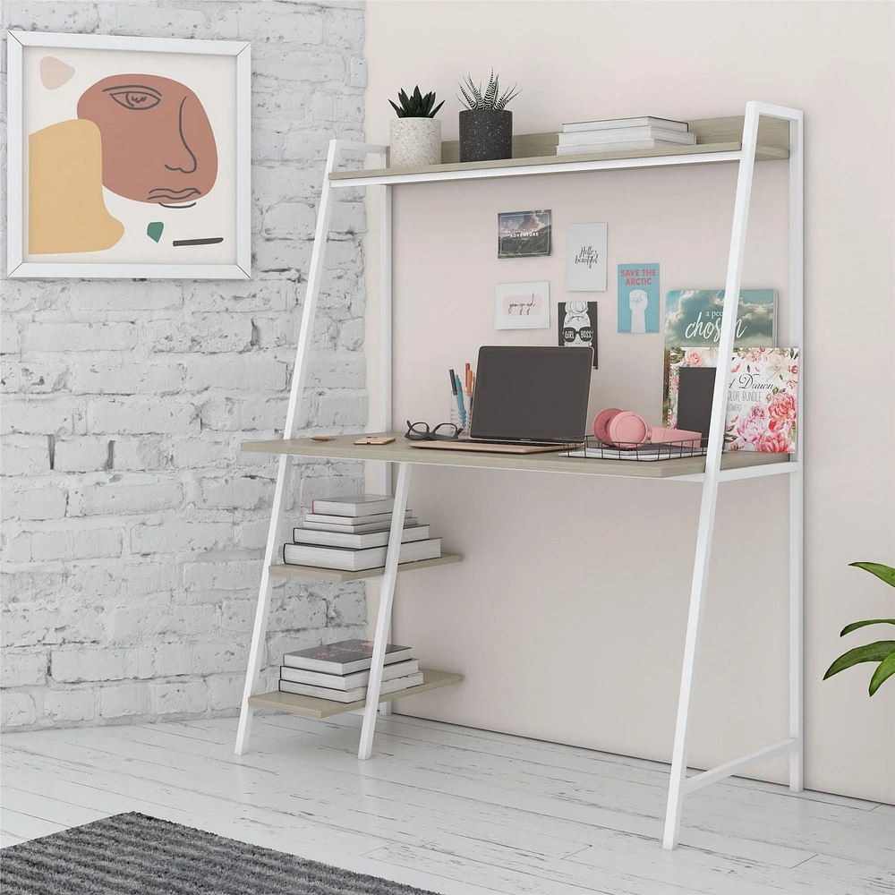 Teen Novogratz Beck Ladder Desk, Pale Oak on White Metal