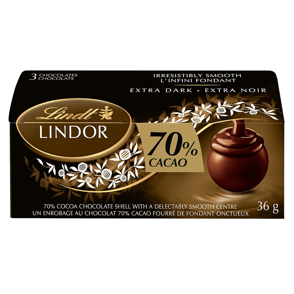 Lindt LINDOR 70% Cacao Dark Chocolate Truffles, Count of 3, 36-Gram Box, 3x12g, 36g