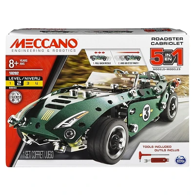 Meccano by Erector 5 in 1 Roadster Pull Back Car Building Kit, Stem Engineering Education Toy for Ages 8 And up