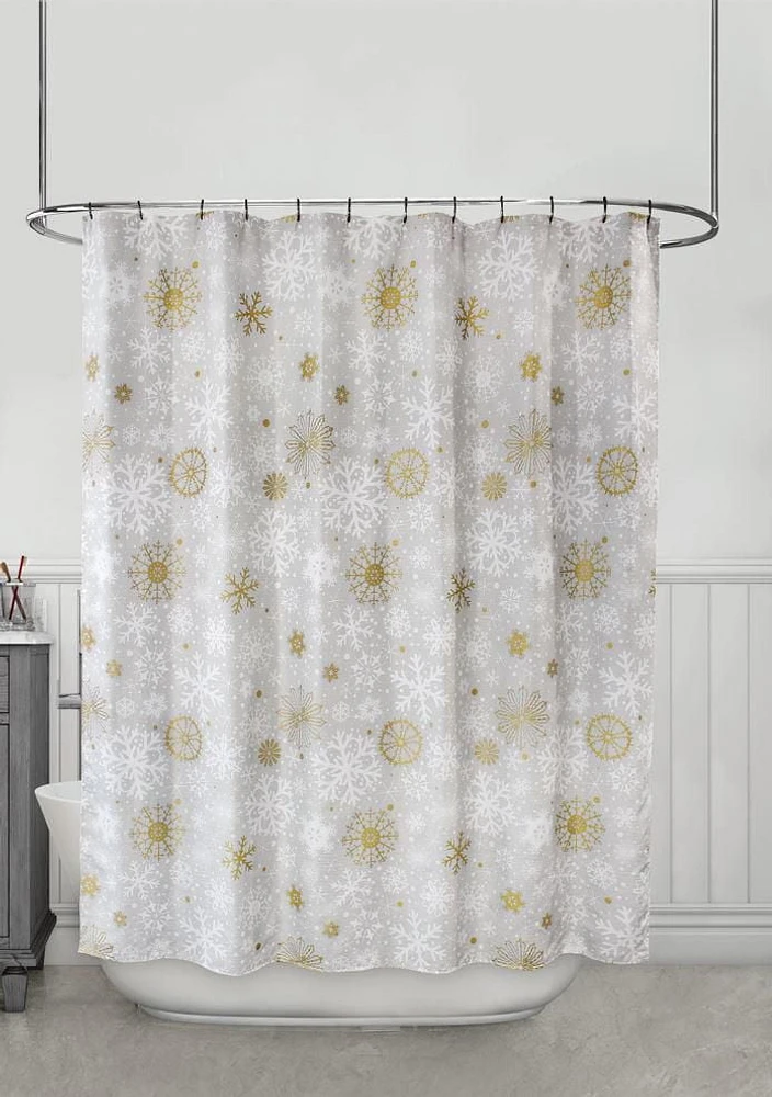 Golden Snowflakes Holiday Time Fabric Shower Curtain 