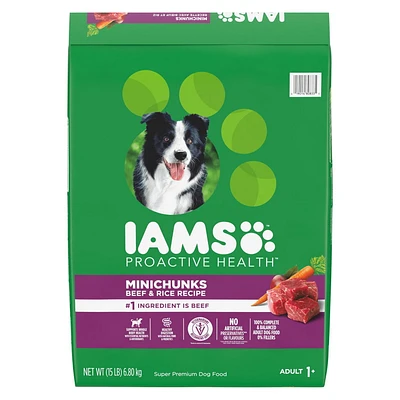 Nourriture sèche pour chiens adultes IAMS PROACTIVE HEALTH Minichunks Recette avec bœuf et riz 3,18 kg - 13,61 kg