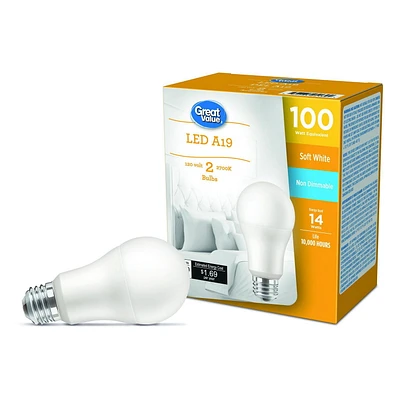 Great Value 100W A19 Soft White LED Light Bulbs - 2 Pack, GV 100w LED