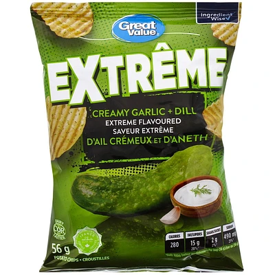 Croustilles saveur d’ail crémeux et d’aneth Great Value Extrême 56g