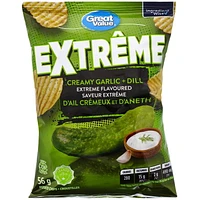 Croustilles saveur d’ail crémeux et d’aneth Great Value Extrême 56g