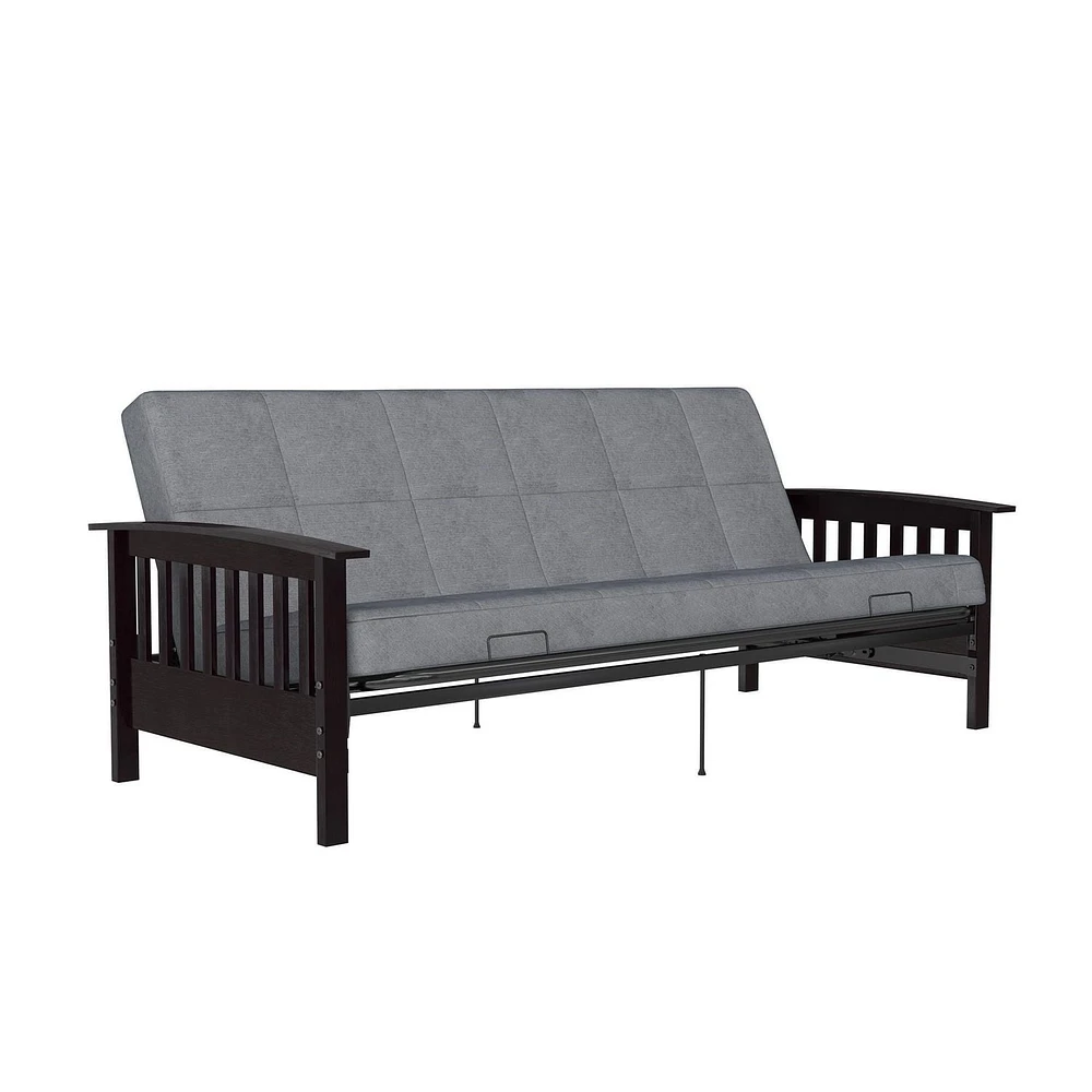 DHP Neo Mission Wood Arm Futon, Espresso with Grey Mattress