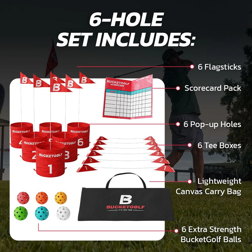 BucketGolf 6 Hole Course - The Ultimate Backyard Golf game for all levels, adults, kids, and families.  Play on vacation, park, beach, camping.