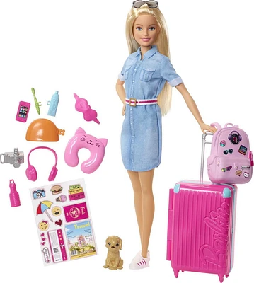 Coffret poupée Barbie Voyage avec chiot, valise et plus de 10 accessoires