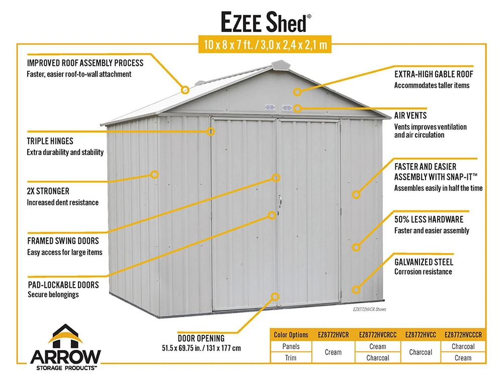 EZEE Shed Steel Storage 8 x 7 ft. Galvanized High Gable Cream with Charcoal Trim