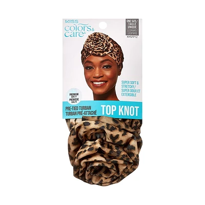 KISS Colors & Care Top Knot Pre-Tied Turban, Leopard, Pre-Tied Turban.