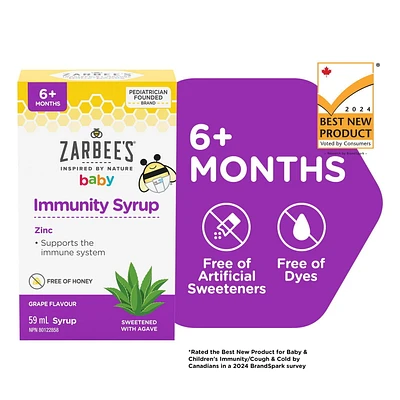 Zarbee's Baby Immunity Syrup, Zinc, Honey-Free, Immune System Support, Sweetened with Agave, 59 mL