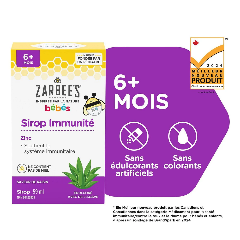 Zarbee's Baby Immunity Syrup, Zinc, Honey-Free, Immune System Support, Sweetened with Agave, 59 mL