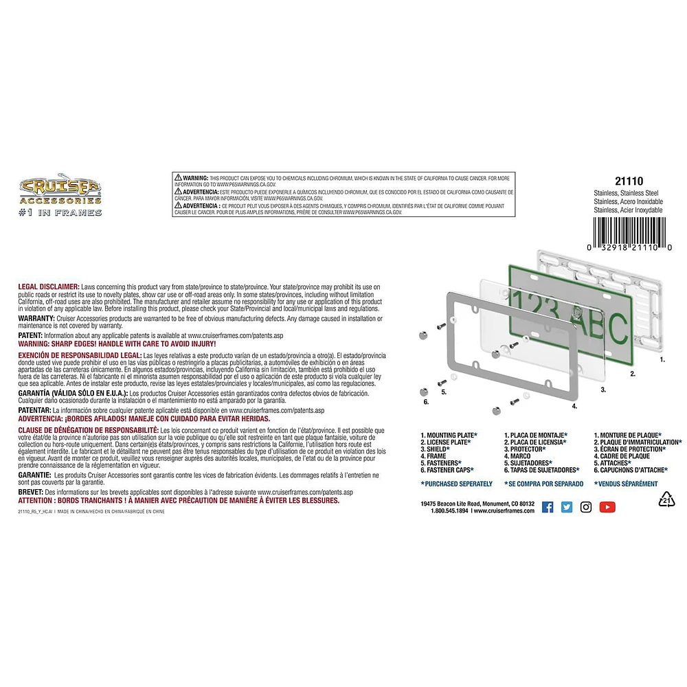 Cruiser Accessories Stainless Steel License Plate Frame, Fits 32x17cm License Plate