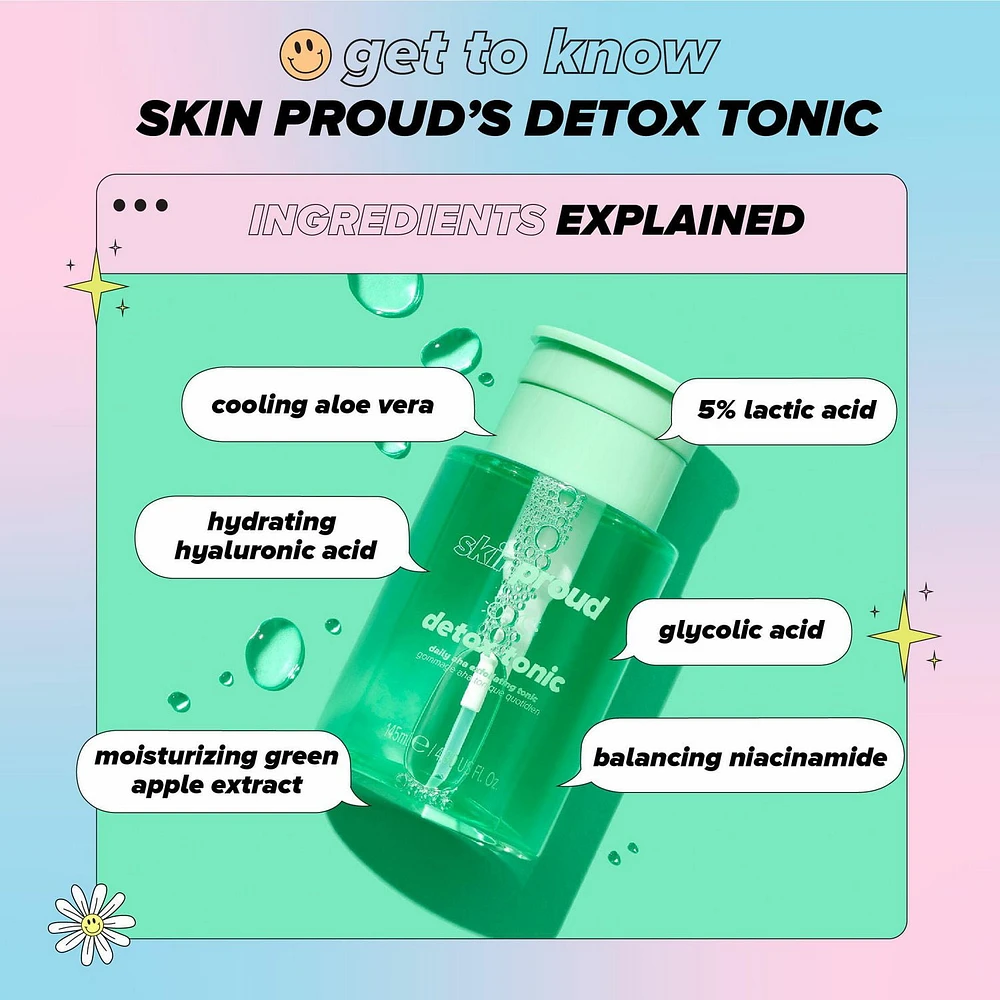 Skin Proud - Detox Tonic - Daily Exfoliating Tonic with 5% lactic acid & glycolic acid, 100% Vegan (145ml), Daily Exfoliating Tonic