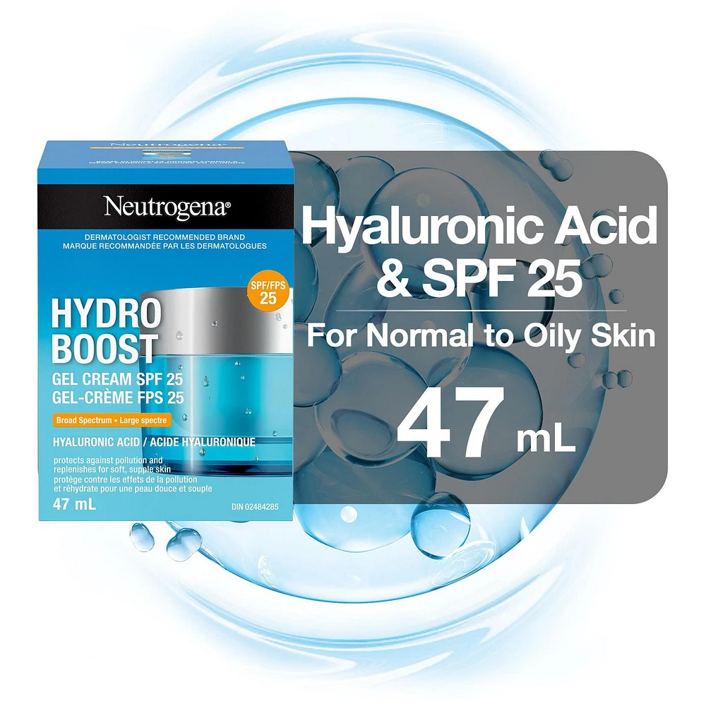 Gel-crème Neutrogena Hydro Boost avec FPS 25 à large spectre contre les rayons UVA et UVB, crème hydratante à base d’acide hyaluronique et d’antioxydant sans huile, non comédogène 47 ml