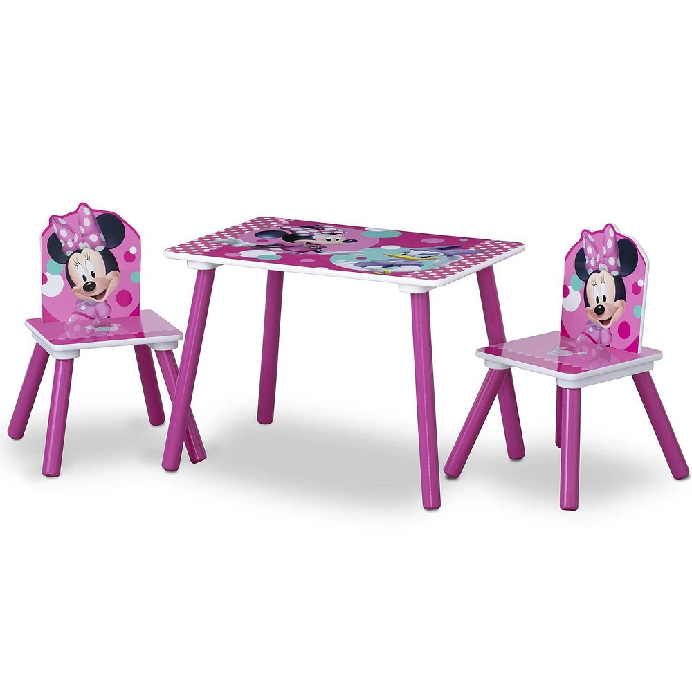 Disney Minnie Mouse 4-Piece Playroom Solution by Delta Children – Set Includes Table and 2 Chairs and 6-Bin Toy Organizer