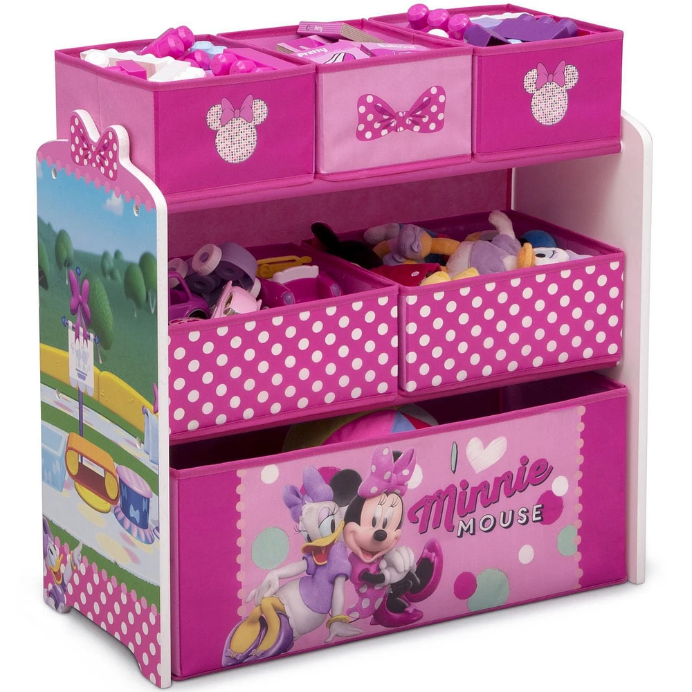 Disney Minnie Mouse 4-Piece Playroom Solution by Delta Children – Set Includes Table and 2 Chairs and 6-Bin Toy Organizer