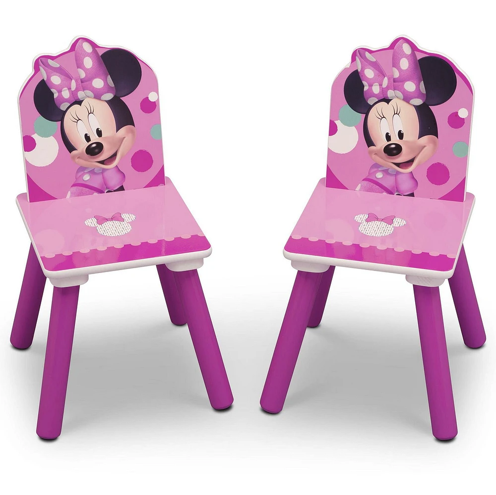 Disney Minnie Mouse 4-Piece Playroom Solution by Delta Children – Set Includes Table and 2 Chairs and 6-Bin Toy Organizer