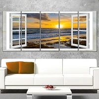 Design Art Open Window to Bright Yellow Sunset Modern Seascape Canvas Artwork Print