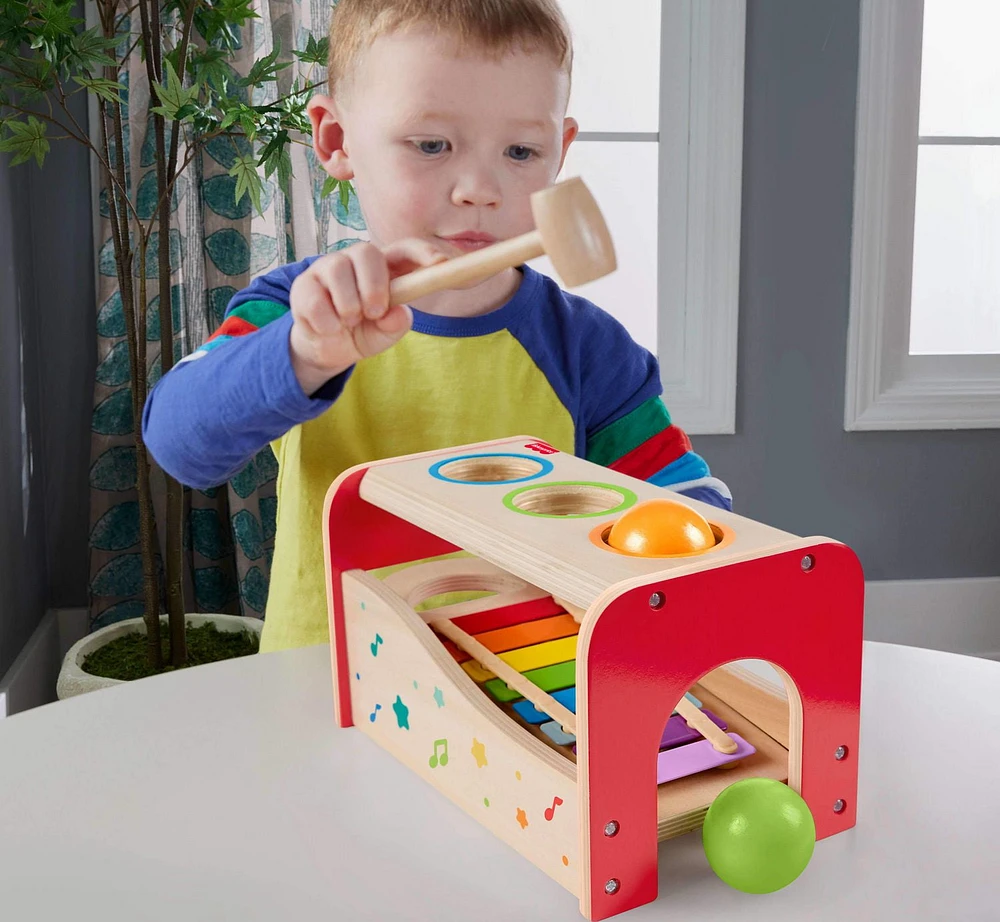 Fisher-Price Wooden Pound & Tap Bench Xylophone Toddler Musical Instrument Toy, 6 Wood Pieces, Ages 18 -24 Months