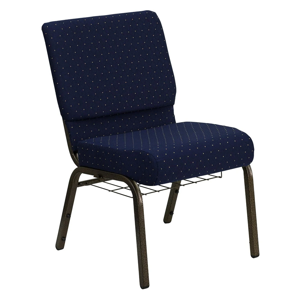 HERCULES Series 21''W Church Chair in Navy Blue Dot Patterned Fabric with Book Rack - Gold Vein Frame