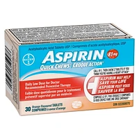 Aspirin 81mg Daily Low Dose Quick Chews, Orange Flavour, 30 Quick Chew Tablets