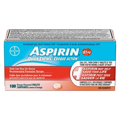 ASPIRIN 81mg Quick Chews, Orange Flavour, 100 Tablets