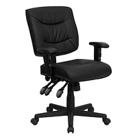 Mid-Back Black Leather Multifunction Swivel Task Chair with Adjustable Arms