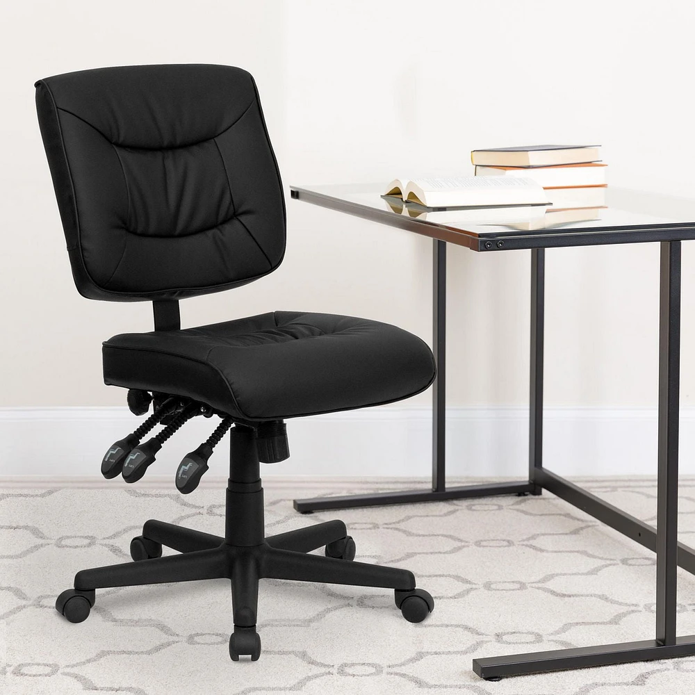 Mid-Back Black Leather Multifunction Swivel Ergonomic Task Office Chair