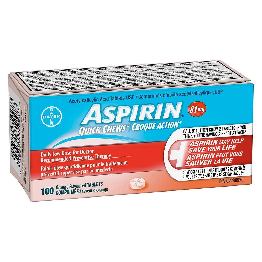 ASPIRIN 81mg Quick Chews, Orange Flavour, 100 Tablets