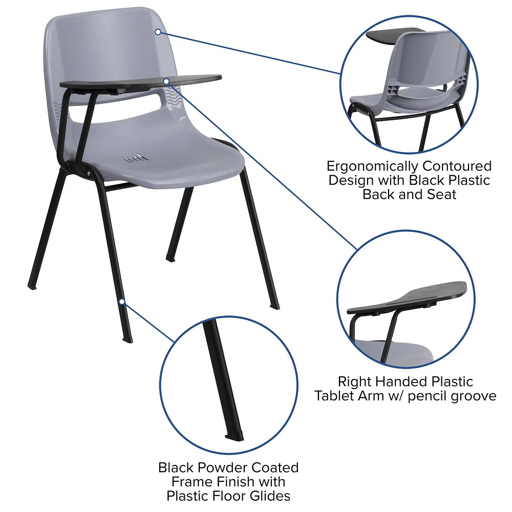 Gray Ergonomic Shell Chair with Right Handed Flip-Up Tablet Arm